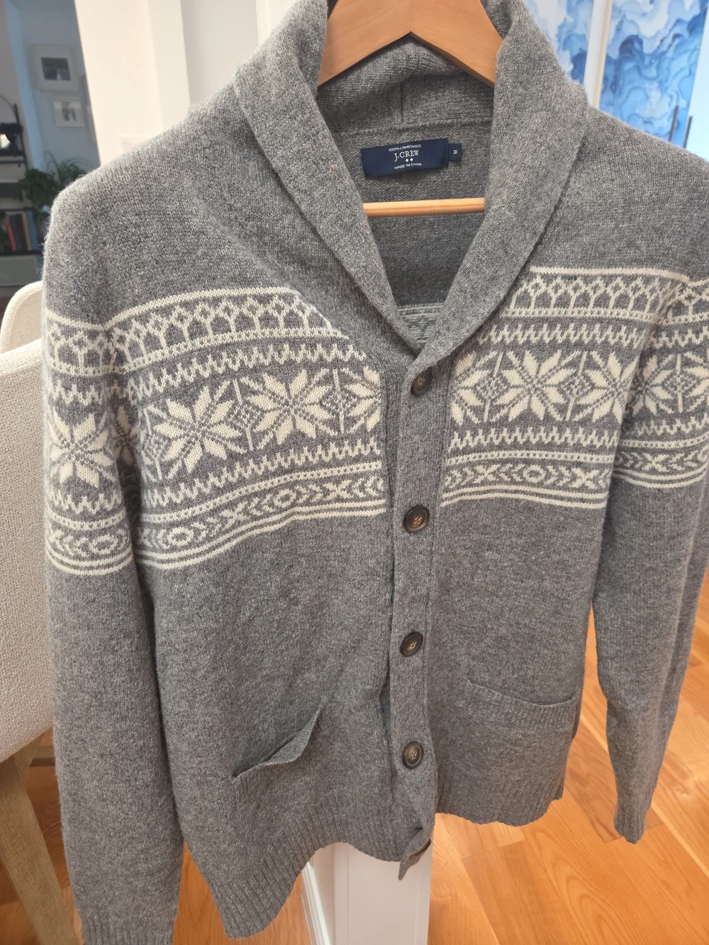 J. Crew Gray 100% Lambswool Men's Shawl-Collar Fair Isle Cardigan Sweater (M)